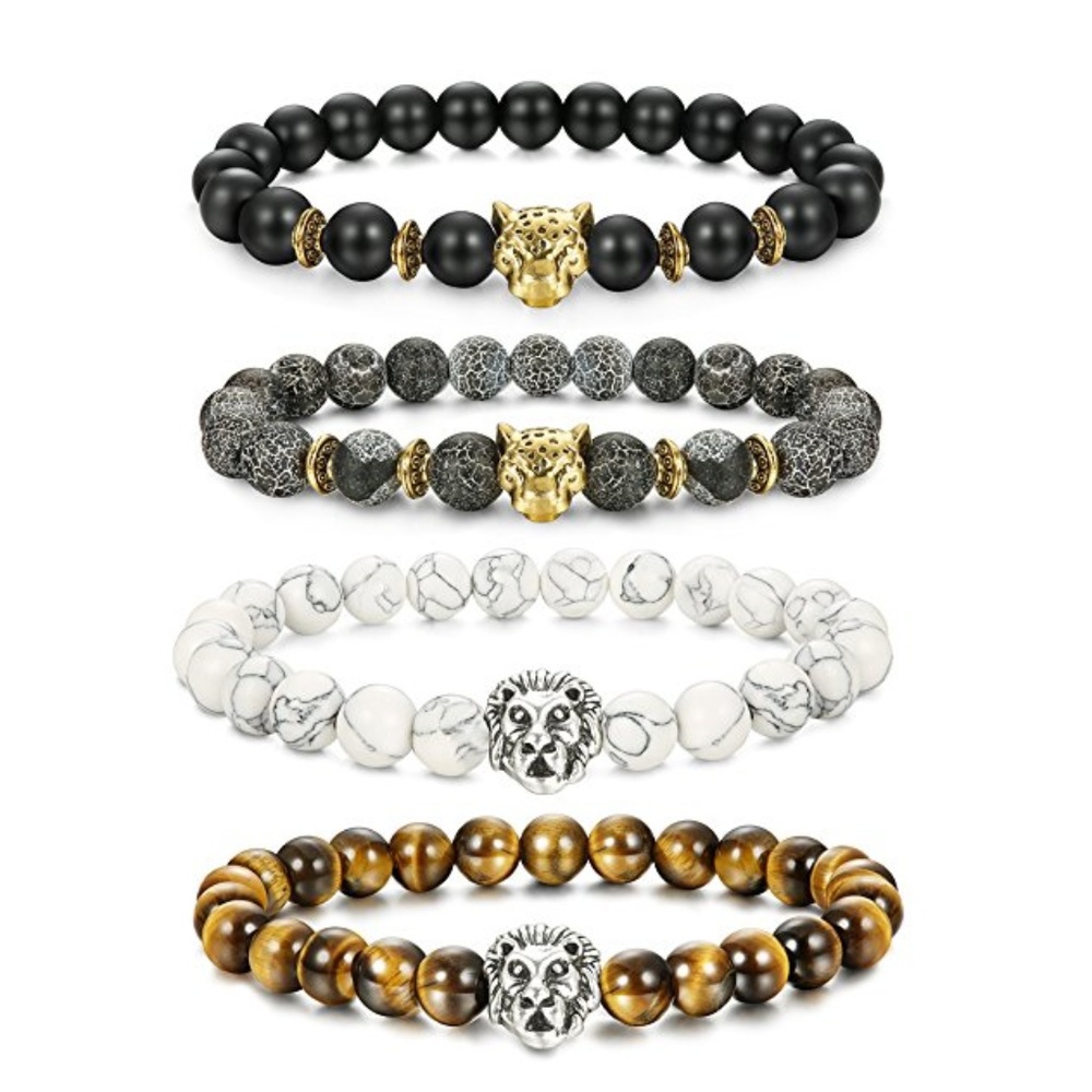 4 Pcs Lava Rock Bead Bracelet for Men Leopard Lion